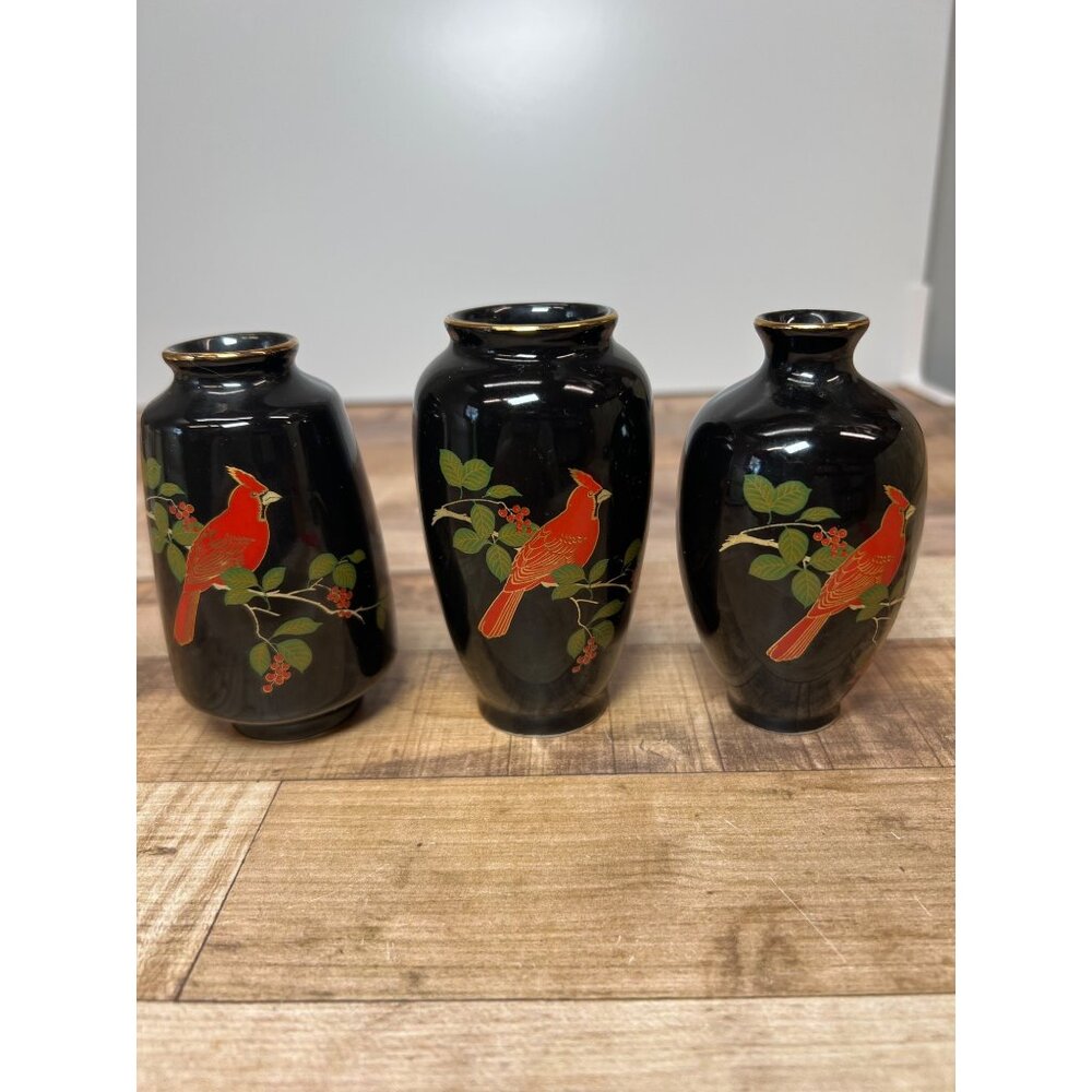 Set of 3 Otagiri Red Bird Bud Vases Flower Vase Black Small